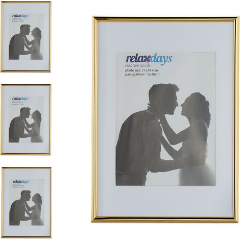 Relaxdays Picture Frame, Set of 4, 20x30cm, Wood, Portrait & Landscape Format, Passepartout, Plastic, Gold and White (1/5)