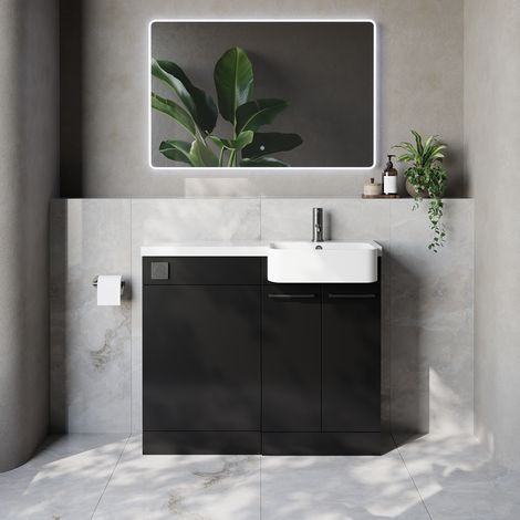Napoli 250 Matt Black 1000mm 2 Door Vanity Unit Toilet Suite with Right Hand Round Rico Semi Recessed Basin - 1000mm - Gunmetal Grey 160mm HandleWithout Kingston Toilet Pan