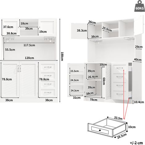 Meuble de rangement / Buffet / Armoire de cuisine 120x40x188cm, avec éclairage LED, étagère à snacks et porte-boissons, 4 portes et 2 grands tiroirs, vert/noir/blanc. (1/5)