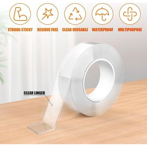 Double Face Extra Fort, Scotch Transparent Double Face, Nano-Ruban Lavable et Réutilisable, 3 Mètres