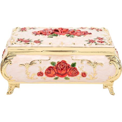 Rechteckige Vintage-Schmuckschatulle aus Metall, dekorative Aufbewahrungsbox, Geschenk für Frauen und Mädchen, weiß, rot und roségold (1/5)