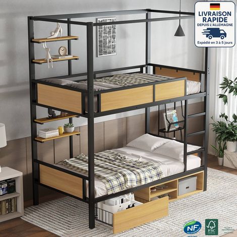 Lit superposé 90x200cm - lit en fer - industriel - Étagère de rangement double à côté du lit - Avec tiroir de rangement -Le rideau de lit peut être fixé à la couchette supérieure - Noir + Couleur Natu (1/5)