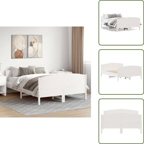 The Living Store Cadre de lit sans matelas blanc 140x200 cm bois de pin massif - Cadre De Lit - Lit Double - Lit En Bois - Bois De Pin - Tête De Lit