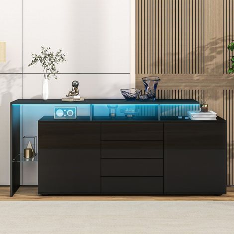 Meuble tv buffet noir brillant avec éclairage LED et rangements modulaires pour salon et salle à manger (1/5)