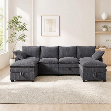 Sofá esquinero modular con puf, USB, almacenamiento y portavasos 280 x 152 x 83 cm gris DESVIAE (1/5)