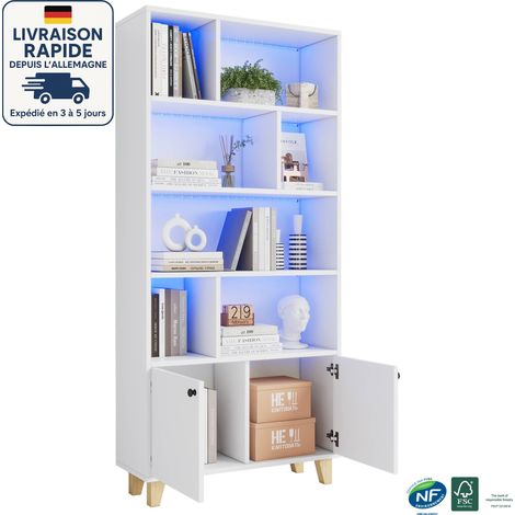 Librería escandinava - 80x30x173cm - Patas de madera maciza - Puertas dobles - Mando a distancia LED que cambia de color - Blanco (1/5)