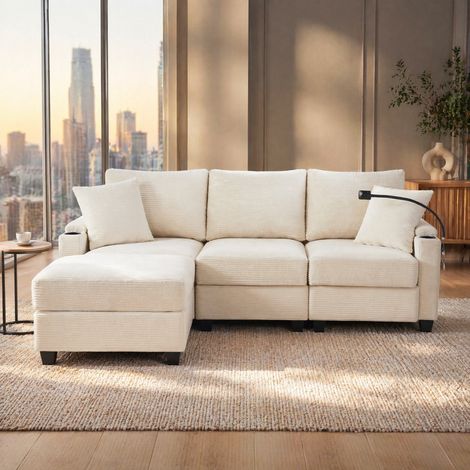 Canapé d'angle avec repose-pieds, porte-gobelet, USB et 2 coussins, en velours beige (1/5)