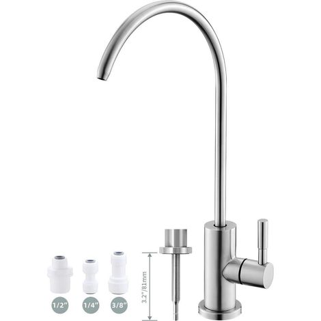 Robinet d'eau potable acier inoxydable brossé, sans plomb, pour filtre à osmose inverse, raccords inclus (1/5)