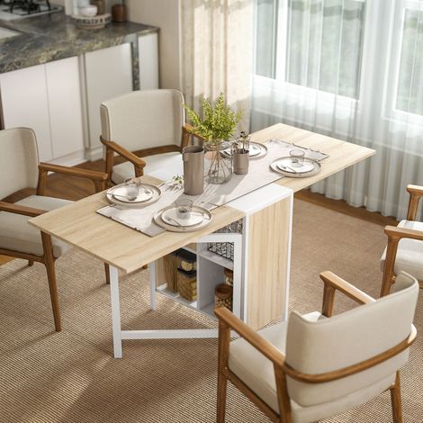 Klappbarer Esstisch für 4 Personen mit ausklappbaren Seitenteilen, platzsparender Klapptisch mit 4 Fächern aus MDF, für Ess- und Wohnzimmer, 169 x 60 x 75 cm, Eiche und Weiß (1/5)