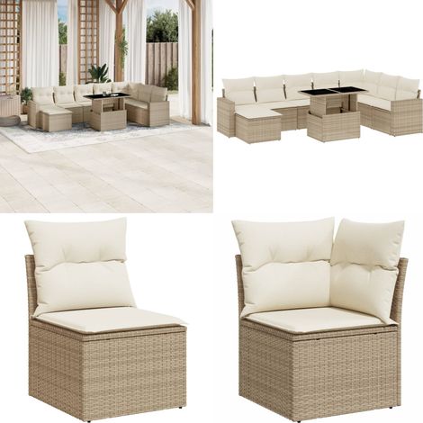 Set de sofás de jardín 9 pzas con cojines ratán sintético beige - Muebles de exterior - Cojines para sofás