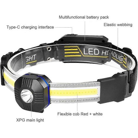 Lampe frontale LED rechargeable USB, lampe torche haute puissance pour activités de plein air, randonnée, camping, pêche nocturne, lampe COB