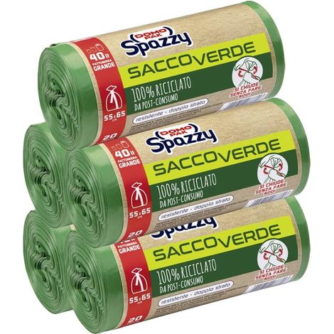 Sacs poubelle, système enroule & ferme, 100% recyclés par post-consommation, domestique 40 L, vert, 5 paquets de 20 pièces, 1350 g (1/5)