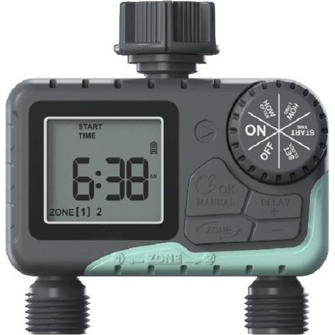 Timer per irrigazione a 2 vie, funzione manuale, automatica e veloce, con display LCD, tempo di irrigazione flessibile per giardino e serra (1/4)