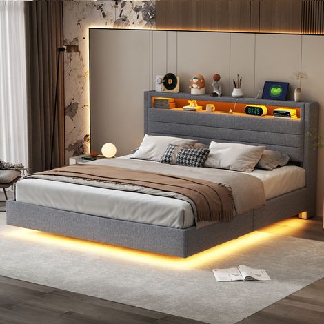 Bett mit Stauraum Stoff Grau 160x200 cm, mit hydraulischem Bettkasten, LED-Beleuchtung, USB und Lattenrost