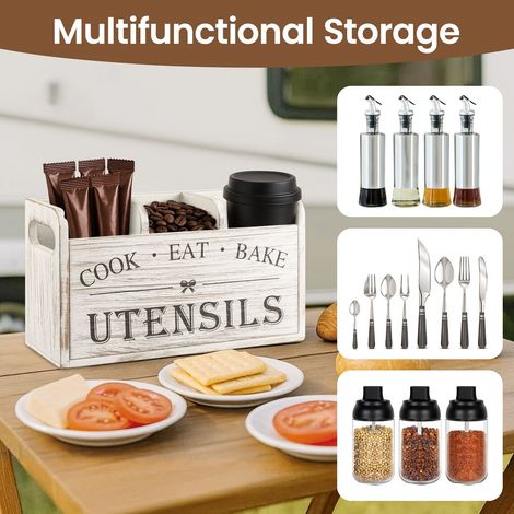 M.J COMFY-LIFE Farmhouse Wooden Utensil Holder - Bamboo Cutlery Organizer with Drainage Holes & Side Handles, Kitchen Countertop Storage for Spoons, Spatulas, and Cooking Tools (11"x6") (White) (1/5)
