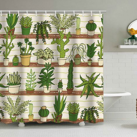 150 x 180 cm Duschvorhang mit Kaktusmotiv, Wüsten- und Sukkulenten-Grünpflanzen-Design, wasserdichter Stoff mit 12 Haken