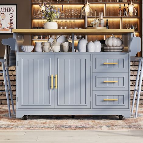 Îlot de cuisine mobile, roulettes, plateau extensible rabattable, 3 tiroirs et rangements réglables, meuble de cuisine avec porte-serviettes et rangement latéral, bleu (1/5)
