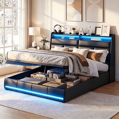 Lit coffre 140x200 cm avec éclairage LED – Tête de lit capitonné multifonction – Rangement hydraulique – Sommier à lattes en bois - PU - Blanc (1/5)
