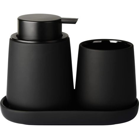 Ensemble Accessoires de Salle de Bain 3 Pièces en Céramique – Distributeur de Savon 350 ML, Gobelet 320 ML, Porte-Savon (Noir, Distributeur de Savon Mousse) (1/5)