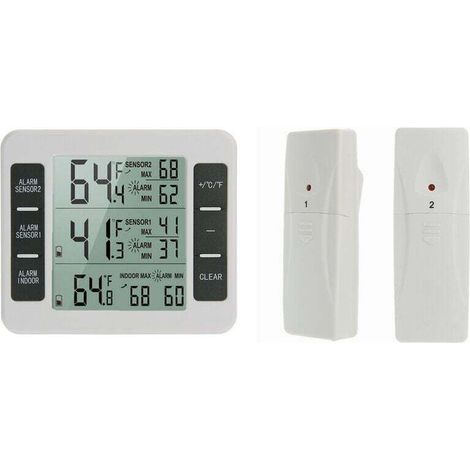 lot de 1 Thermomètre de Frigo Congelateur, Thermomètre de Réfrigérateur sans Fil avec 2 Capteurs, Alarme Sonore, Min/Max, Thermomètre in/Extérieur pour Maison Cuisine Restaurant Bars Café (1/4)