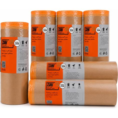 Zulu Pre-Taped Masking Paper 300mm x 25m - Heavy Duty with Adhesive Tape Paint Protection for Decorating Painting DIY, 6 Pack