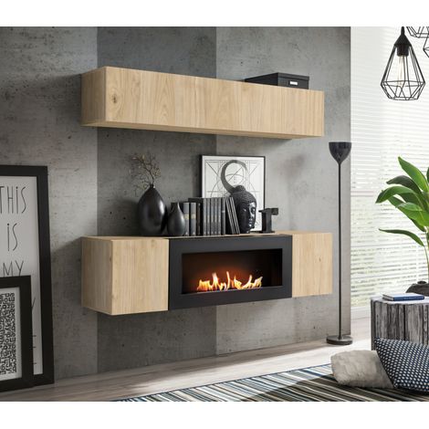 Ensemble meuble TV mural Fly N1 avec cheminée bioéthanol - Bois MDF chêne Hickory Jackson - 160 x 150 x 40 cm - Livraison gratuite (1/3)