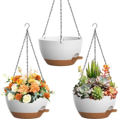 Pack of 3 Hanging Baskets, 25 cm Hanging Pot with Saucer and Drainage Holes, Plastic Hanging Flower Pots for Balcony, Living Room and Garden, Indoor and Outdoor, White (1/5)