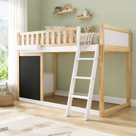 Cama alta infantil 90x200 cm en pino y MDF blanco/natural, con pizarra, caja de almacenaje y escalera inclinada