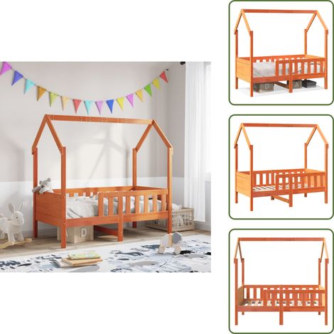 The Living Store Cama con forma de casa de niños madera maciza marrón 70x140 cm - Cama de casa
