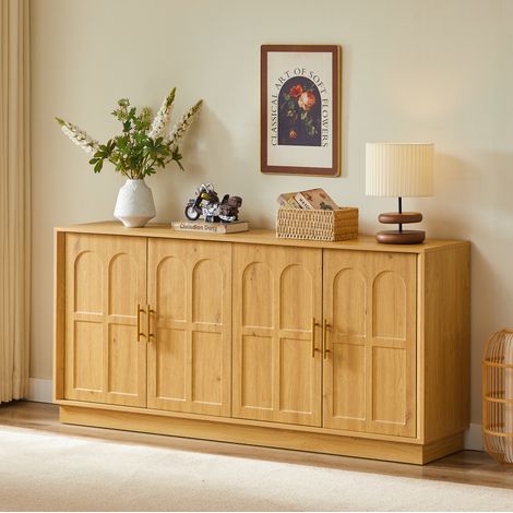 Credenza con ripiano, 169 x 40 x 80 cm, ante curve, ripiani regolabili, MDF naturale HAVRYA (1/5)