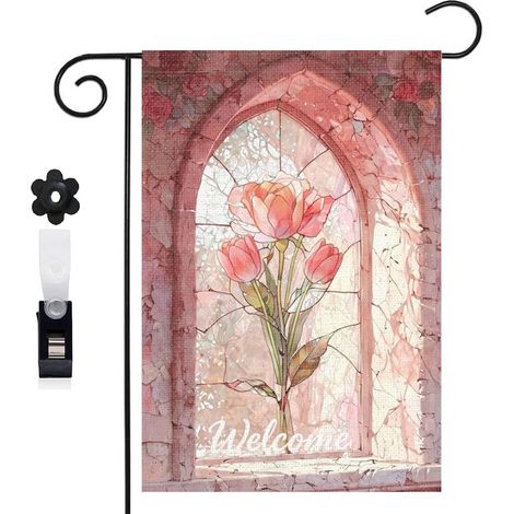 Drapeau vertical fleur blanche et vitrail coloré 30 x 45 cm décoration saisonnière cour (1/5)