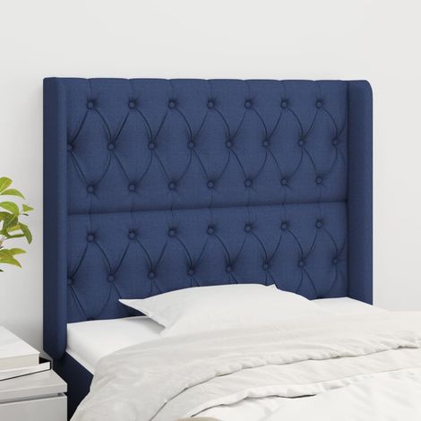 Tête de lit avec oreilles pour lit simple, Cadre de lit, Tableau décoratif de chevet Bleu 103x16x118/128 cm Tissu CDE36746 (1/5)