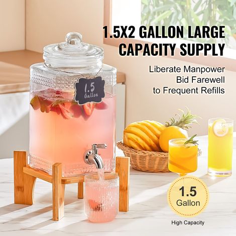 Distributeur boisson verre 5,5 L avec socle bois et robinet inox, jarre jus thé glacé citron eau pour restaurant hôtel fête (1/5)