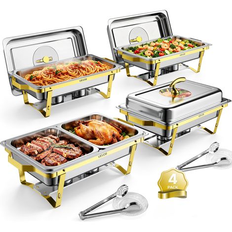 VEVOR Calentador de Comida para Bufe 8,52 L, de Acero Inoxidable, Rectangular, Apilable, con 2 Bandejas Grandes y 4 de Tamaño Medio, Tapas, Soportes para Combustible, para Banquetes, Bodas, Fiestas (1/5)