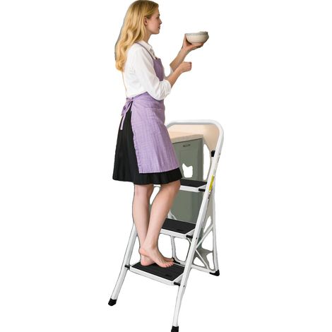 Échelle pliante, capacité de charge de 150 kg, design gain de place, BLANC (1/2)
