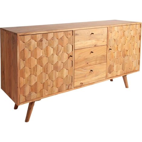 Buffet SCANI 145 cm aus massivem lackiertem Akazienholz – 2 Türen, 3 Schubladen und geschnitzte Fronten (1/5)