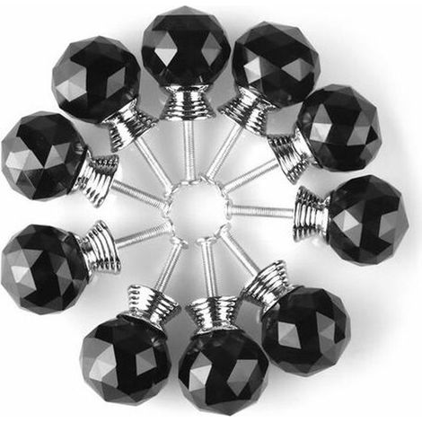 Set di 10 maniglie per porte, diametro 30 mm, maniglie rotonde in cristallo nero per mobili, maniglie decorative. (1/5)