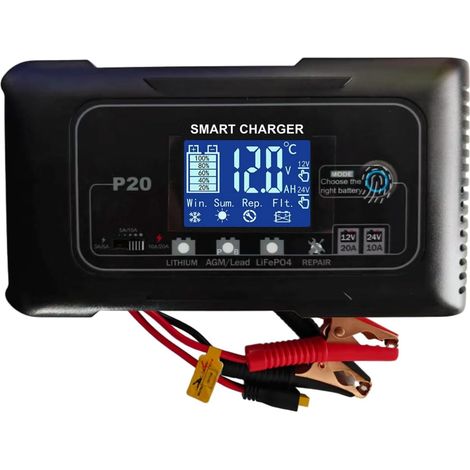 Chargeur et mainteneur de Batterie Intelligent 12V/24V 20A, Chargeur 4 Modes Lithium/AGM/Plomb-Acide/LiFePO4 avec écran LCD et réparation par impulsions, pour Voitures, Motos et Bateaux (1/5)