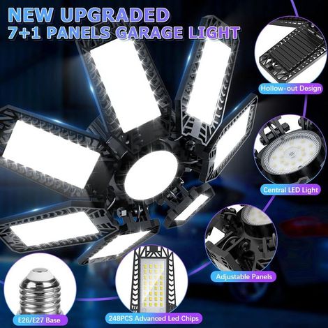 200-W-LED-Garagenleuchte, flexible Werkstattleuchte mit E27/E26-Fassung und 7+1 verstellbaren Paneelen, 20.000 lm, 6500 K kaltweiße LED-Deckenleuchte für Keller, Werkstatt, Lagerhalle und Büro (1/5)