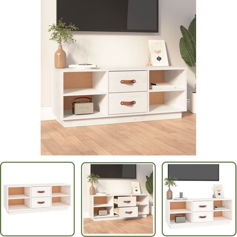 The Living Store Meuble TV Blanc 100x34x40 cm Bois de pin massif - Meubles Tv - Meuble Tv - Support Tv - Unité Tv - Bois De Pin (1/5)