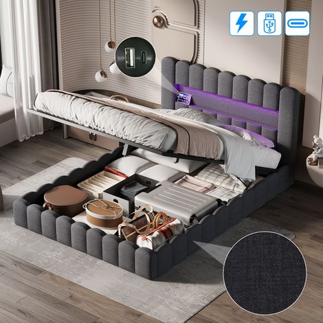 Lit coffre 160x200, cadre de lit pour adulte, lit deux personnes avec LED et USB, lit double, Lit rembourré 2 places en lin, Noir, sans matelas (1/4)