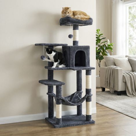 Tour de Jeux pour Chats 137,7 cm, 4 Poteaux à Griffer, 2 Pompons, 1 Hamac, 2 Plateformes, 1 Niche, Gris Fumé (1/5)