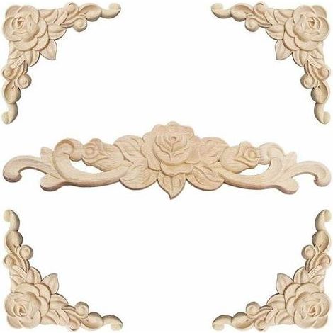 Moulure Décorative Bois 5 Pièces Rosace Florale Sculptée Applique Angle Décoration Meuble (1/4)