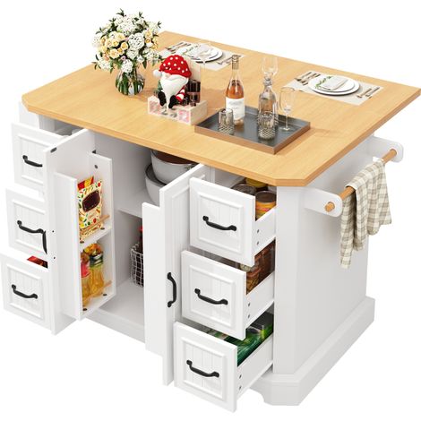 Îlot de cuisine mobile avec 2 portes, 6 tiroirs, rangement intégré, plateau effet bois, roulettes verrouillables, blanc, CHICFURN (1/5)