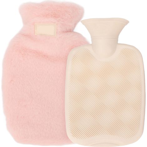 Bouilloire PVC 1000ml rose avec housse en peluche douce, anti-fuite, pour chauffer le lit en hiver, coussin thermique réutilisable (1/5)