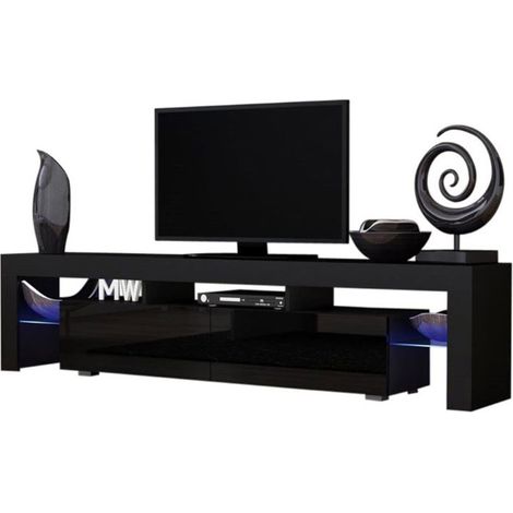 Dusine – Meuble TV moderne 200 cm – Noir mat avec portes laquées – Éclairage LED intégré – Rangement avec étagères vitrées (1/3)