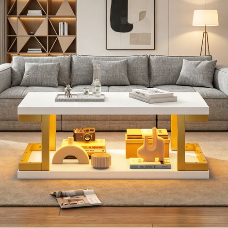 Couchtisch , Rechteck in Weiß +Gold , mit LED-Beleuchtung, Beistelltisch,Sofatisch,Wohnzimmertisch aus MDF+Metall, Geeignet für Wohnzimmer/Esszimmer/Arbeitszimmer,bis 50 kg belastbar,100x50x37.5cm (1/5)