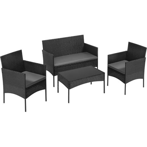 Salon de jardin 4 places en résine tressée noire avec table en verre trempé, canapé 2 places et 2 fauteuils pour terrasse, balcon, jardin  CHICFURN (1/5)