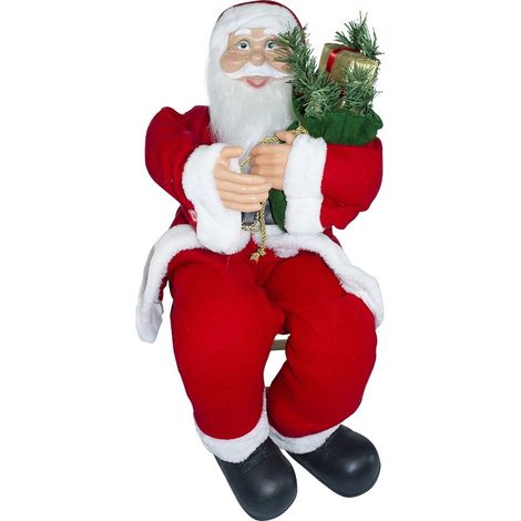 144059 Papá Noel sentado en silla 90 cm con bolsa de regalo y sonidos navideños