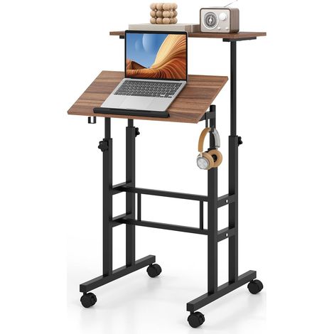 Costway – Bureau debout mobile à hauteur réglable – Plateau inclinable 30 x 60 cm – 4 roulettes dont 2 verrouillables – 2 crochets amovibles – MDF + métal